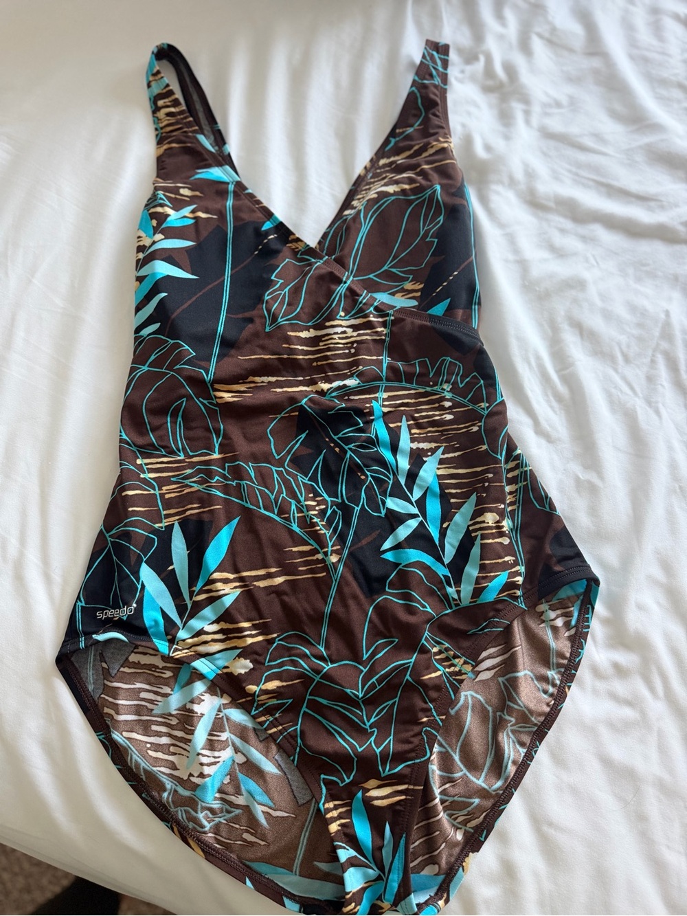 Speedo Brown One-Piece Swimsuit with Teal & Gold Leaf Print